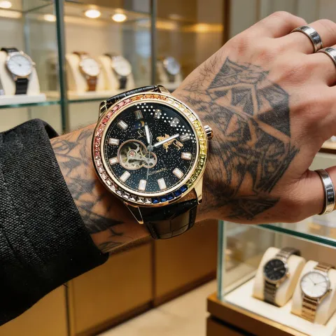 Men's Automatic Mechanical Watch Starry Sky Hollow Dial Rhinestone Bezel Genuine Leather Strap Business Wristwatch