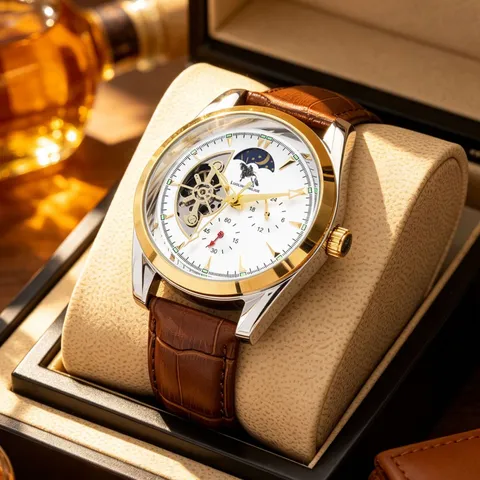 Men's Automatic Mechanical Watch Moon Phase Luminous Waterproof Business Casual Multifunction Skeleton Dial Wristwatch With Leather Steel Strap