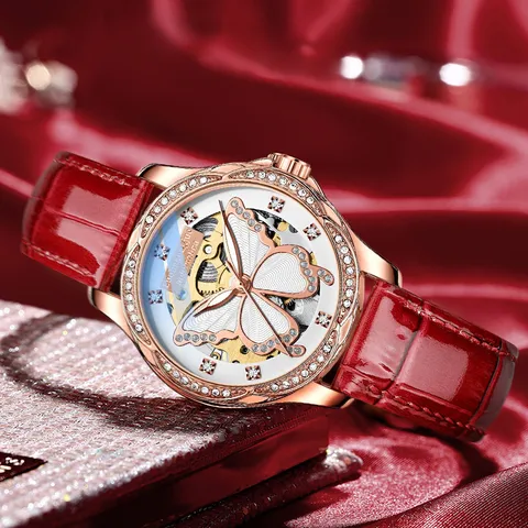 Montre Mécanique Automatique pour Femmes Cadran Papillon Creux Lunette en Strass Bracelet en Acier Inoxydable et Cuir Luxe Affaires