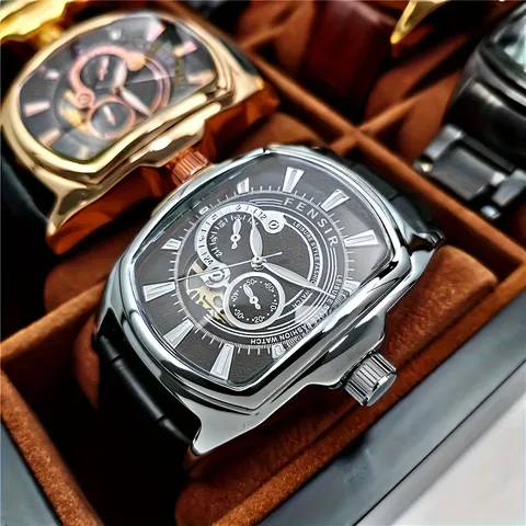 Men's Quartz Watch Tonneau Large Dial Business Casual Waterproof Leather Strap Fashion Wristwatch For Men