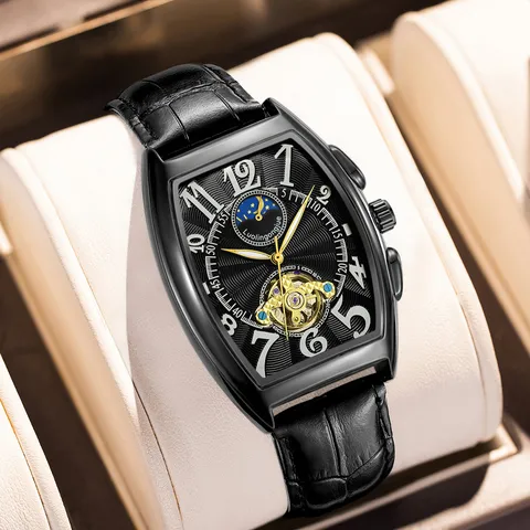Men Automatic Mechanical Watch Tonneau Case Hollow Out Tourbillon Skeleton Business Wristwatch Stainless Steel Strap