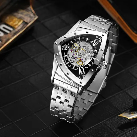 Men Automatic Mechanical Watch Fashion Hollow Triangle Dial Stainless Steel Strap Business Casual Wristwatch
