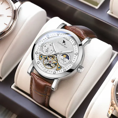 Men Mechanical Watch Automatic Hollow Tourbillon Stainless Steel Rhinestone Business Casual Wristwatch For Men