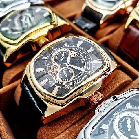 Men's Quartz Watch Tonneau Large Dial Business Casual Waterproof Leather Strap Fashion Wristwatch For Men
