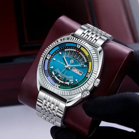 Fensir Men Quartz Watch Stainless Steel Large Dial Double Calendar Business Waterproof Wristwatch
