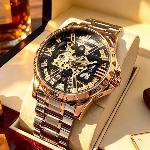 Men's Mechanical Watch Hollow Out Tourbillon Automatic Stainless Steel Leather Strap Business Wristwatch