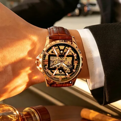 Men's Mechanical Watch Hollow Out Tourbillon Automatic Stainless Steel Leather Strap Business Wristwatch