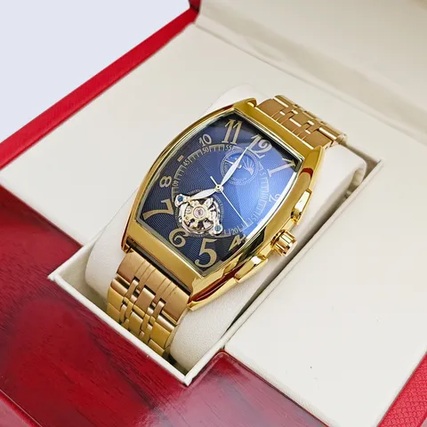 Luxury Men Automatic Mechanical Watch Tonneau Case Hollow Tourbillon Moon Phase Business Waterproof Wristwatch