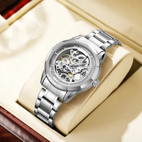Men's Automatic Mechanical Watch Stainless Steel Hollow Skeleton Dial Waterproof Business Casual Wristwatch