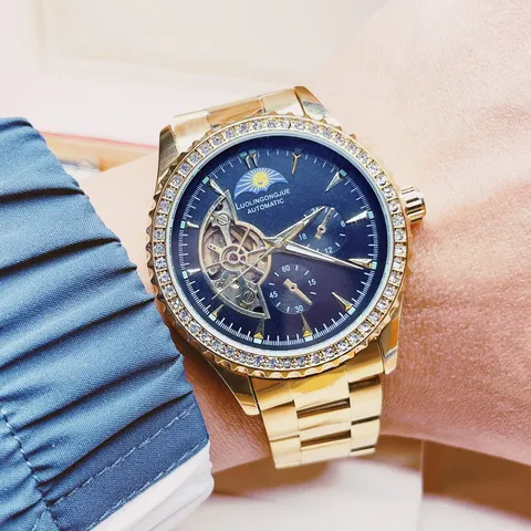Men's Automatic Mechanical Watch Luxury Stainless Steel Gold Watch With Rhinestone Hollow Multifunctional Dial