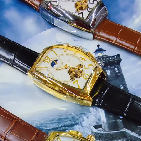 Luxury Men Automatic Mechanical Watch Tonneau Case Hollow Tourbillon Moon Phase Business Waterproof Wristwatch