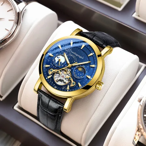 Men Automatic Mechanical Watch Stainless Steel Case Starry Dial Business Wristwatch Waterproof Fashion Gift