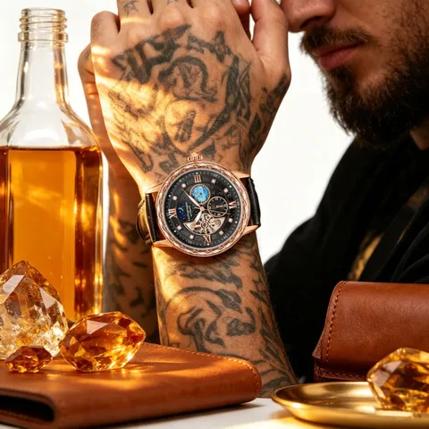 Men's Automatic Mechanical Watch Stainless Steel Hollow Carved Sun Moon Dial Leather Strap Waterproof Business Wristwatch