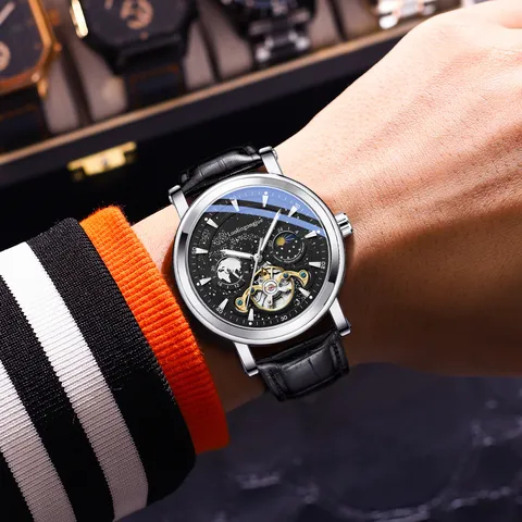 Men Automatic Mechanical Watch Stainless Steel Case Starry Dial Business Wristwatch Waterproof Fashion Gift