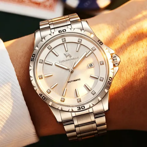 Men Automatic Mechanical Watch Luxury Business Stainless Steel Mother of Pearl Dial Waterproof Wristwatch for Men