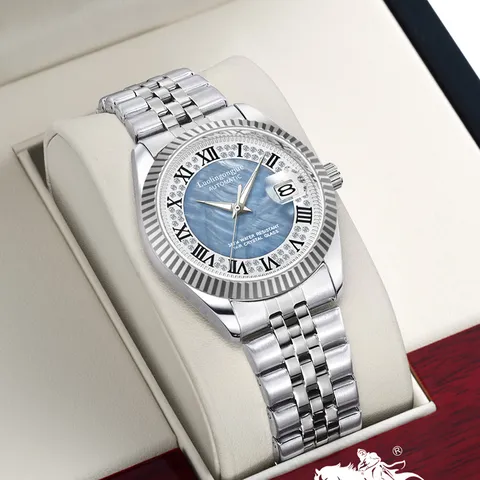 Men's Automatic Mechanical Watch Stainless Steel Fluted Bezel Meteorite Dial Luminous Waterproof Business Watch