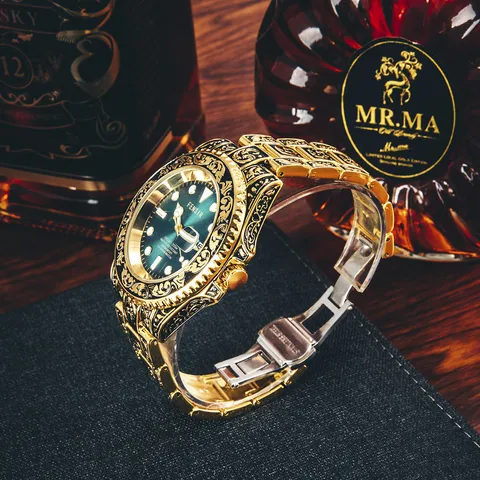 Men's Quartz Watch Stainless Steel Carved Rotating Bezel Waterproof Business Wristwatch Gradient Dial Luxury Fashion Watch