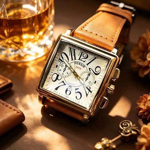 Men's Quartz Watch Square Big Dial Alloy Case Leather Strap Waterproof Calendar Fashion Business Wristwatch