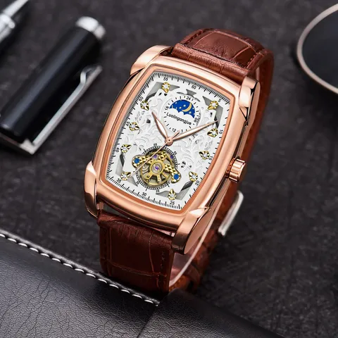 Men's Automatic Mechanical Watch Tonneau Hollow Carved Dial Stainless Steel Strap Business Luxury Wristwatch