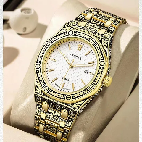 Vintage Carved Water Wave Quartz Watch For Men Luxury Business Stainless Steel Waterproof Luminous Wrist Watch