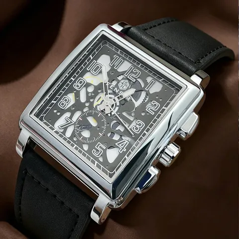 Men S Quartz Watch Business Casual Waterproof Luminous Big Dial Hollow Stainless Steel Case Leather Strap Wristwatch