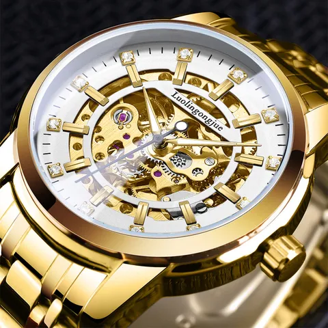 Men's Automatic Mechanical Skeleton Watch Stainless Steel Hollow Waterproof Business Wristwatch with Rhinestone Markers