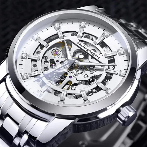 Men's Automatic Mechanical Skeleton Watch Stainless Steel Hollow Waterproof Business Wristwatch with Rhinestone Markers