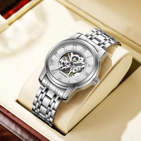 Men's Automatic Mechanical Watch Stainless Steel Hollow Skeleton Roman Numeral Dial Business Casual Wristwatch