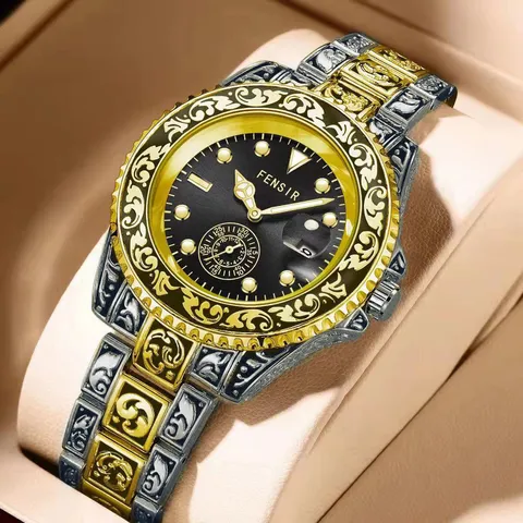 Men Business Quartz Watch Vintage Embossed Rotating Bezel Stainless Steel Alloy Luminous Waterproof Wristwatch