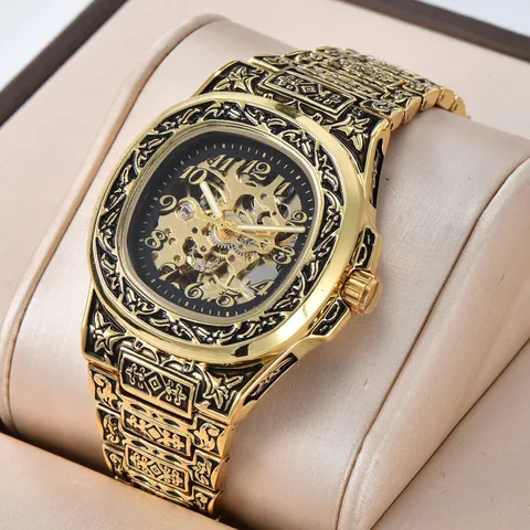 Mens Automatic Mechanical Watch Stainless Steel Retro Embossed Hollow Dial Waterproof Luminous Business Wristwatch