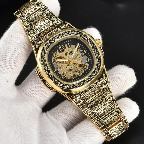 Mens Automatic Mechanical Watch Stainless Steel Retro Embossed Hollow Dial Waterproof Luminous Business Wristwatch