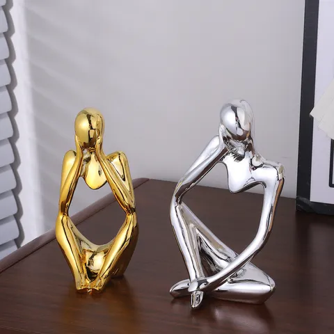 Nordic Luxus Harz Denker Charakter Ornament Gold Silber Galvanisiert Abstrakt Sitzend Charakter Figur Für Haus Büro Schreibtisch Dekor