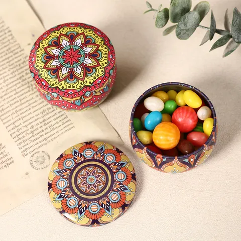 Bocal de Rangement en Fer-blanc Style Ethnique Mandala Boîte à Bougies d'Aromathérapie Thé Bonbonnière Multi-usage Petite Boîte Ronde Déco