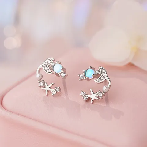 Orecchini a Lobo Coda di Pesce in Argento S999 per Donna Luna Stella Strass Perla Artificiale Gioielli Regalo Elegante