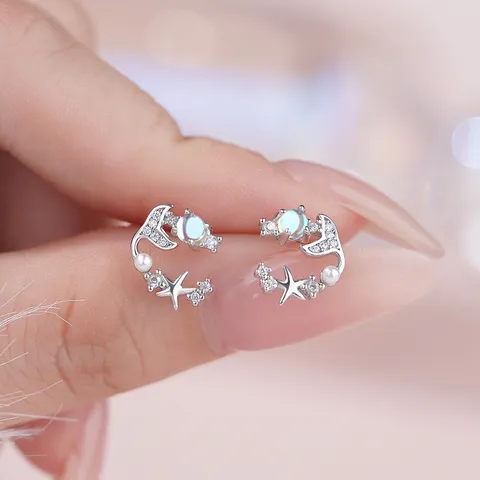 Orecchini a Lobo Coda di Pesce in Argento S999 per Donna Luna Stella Strass Perla Artificiale Gioielli Regalo Elegante