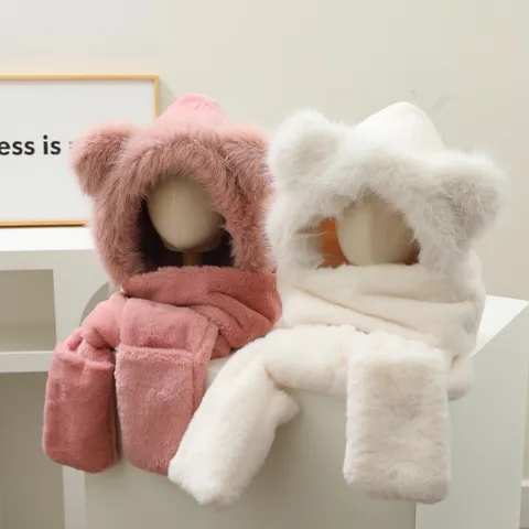 Cute Bear Ears Plush Hooded Scarf Glove Set For Women Winter Warm Windproof Thickened Hooded Scarf Integrated Scarf Hat Set