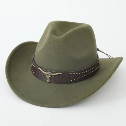 Retro Polyester Western Cowboy Hat With Bull Head Metal Rivet Leather Belt Ethnic Wide Brim Fedora Sun Hat For Vacation Adults