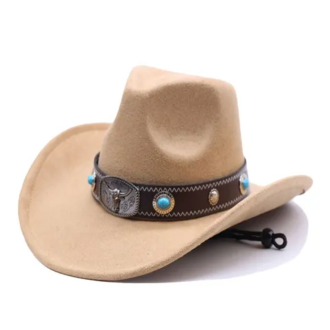 Printed Suede Polyester Alloy Artificial Turquoise Western Cowboy Hat Bull Head Leather Band Vintage Party For Women Men