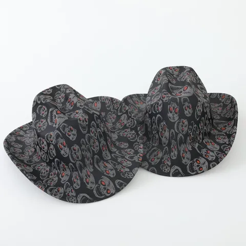 Western Cowboy Hat Skull Print Jazz Fedora For Halloween Party Costume Accessory For Men Women Black Polyester Hat