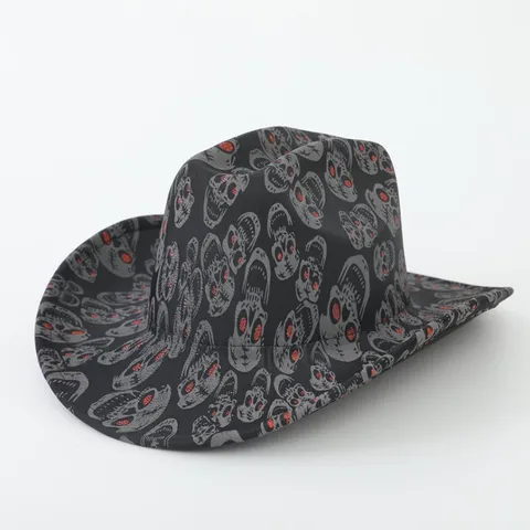 Western Cowboy Hat Skull Print Jazz Fedora For Halloween Party Costume Accessory For Men Women Black Polyester Hat