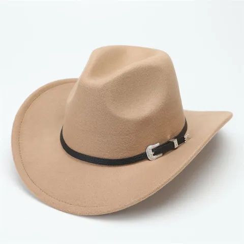 Cappello da Cowboy a Tesa Larga in Poliestere Vintage Moda Casual Unisex Fibbia della Cintura Fedora Cappello da Jazz Protezione Solare da Esterno