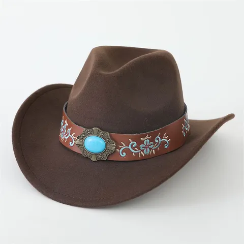 Western Cowboy Hut Ethno Stil Fedora Jazz Hut Türkis Ledergürtel Bedruckt Breitkrempiger Hut Für Reise Urlaub Damen Herren