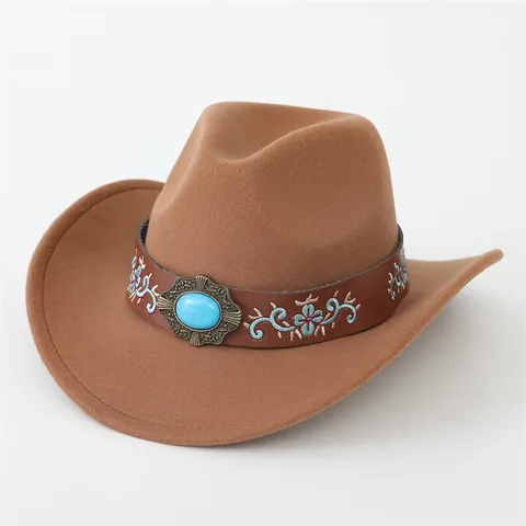 Western Cowboy Hut Ethno Stil Fedora Jazz Hut Türkis Ledergürtel Bedruckt Breitkrempiger Hut Für Reise Urlaub Damen Herren