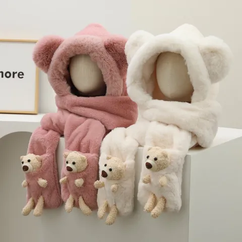 Lindo Conjunto Integrado de Gorro Bufanda Guantes de Peluche de Oso de Dibujos Animados Gorro con Capucha Cortavientos para Mujer Ciclismo Invierno