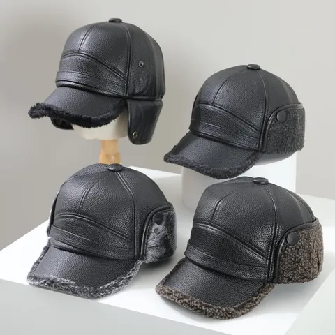 Casquette de Baseball en Cuir PU pour Homme Chapeau d'Hiver Chaud Avec Cache-oreilles Doublé de Fausse Fourrure
