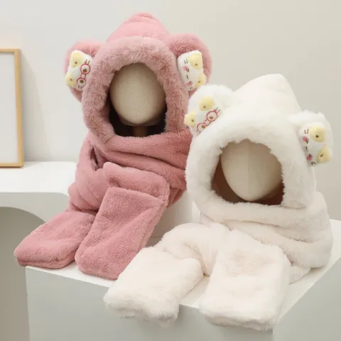 Damen Winter Warm Kunstpelz Trappermütze Schal Handschuhe Set Süßer Cartoon Katzenohren 3-in-1 Kapuzenschal Handschuh Plüsch Thermischer Halswärmer