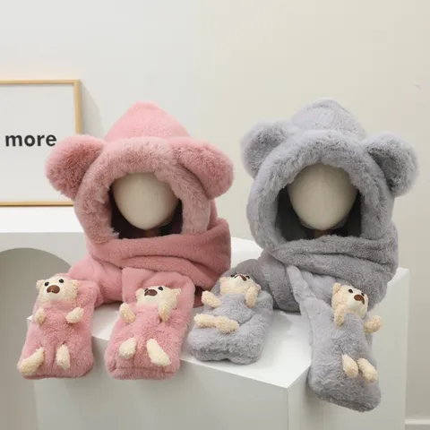Lindo Conjunto Integrado de Gorro Bufanda Guantes de Peluche de Oso de Dibujos Animados Gorro con Capucha Cortavientos para Mujer Ciclismo Invierno