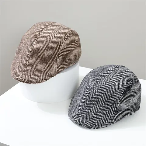 Vintage Herringbone Newsboy Cap Winter Thick Warm Beret Flat Cap For Men Elderly Forward Cap Duckbill Hat