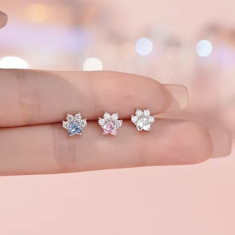 S999 Sterlingsilber Katzenpfote Ohrstecker Für Damen Süßer Koreanischer Stil Strass Eingelegt Süßer Leichter Luxus Ohrschmuck