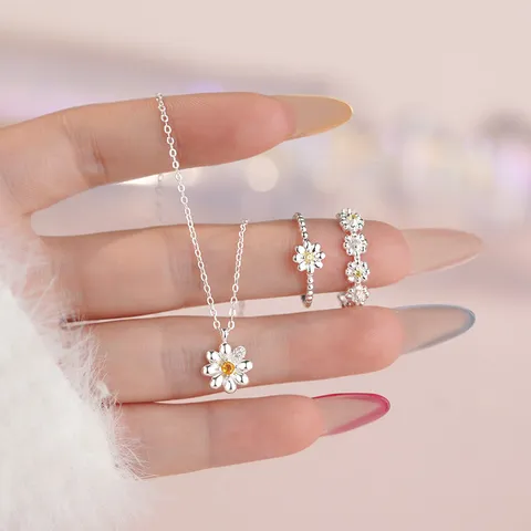 Daisy Petal S999 Sterling Silver Jewelry Set For Women Fresh Korean Style Yellow Rhinestone Necklace And Rings